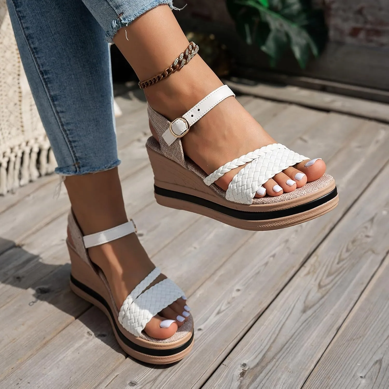 Eduavar Sandals for Women Casual Dressy Arch Support Open Toe Platform Sandals Fashion Buckle Ankle Strap Wedge Heels Shoes