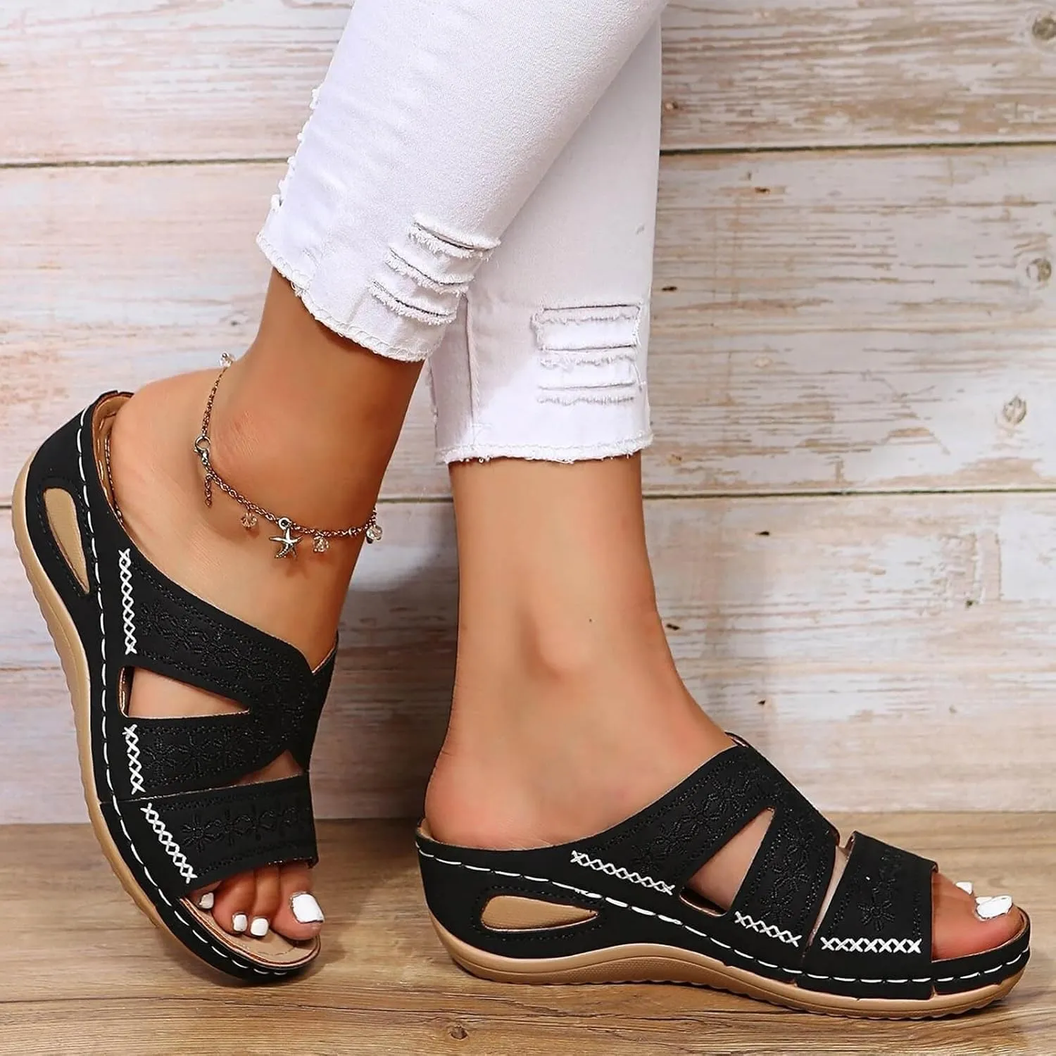 Eduavar Womens Sandals Summer Dressy Orthotic Slides Comfort Support Slip on Flip Flops Platform Sandals Yoga Mat Slippers