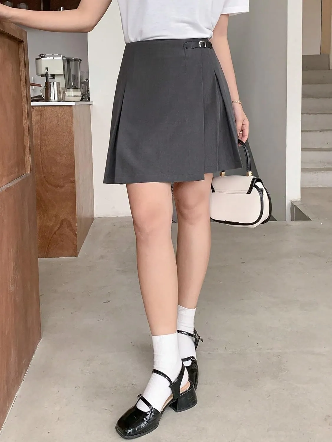 ELDINA Summer Short Mini Skirts For Women 2024 College Side Button Pleated Midi Skirt