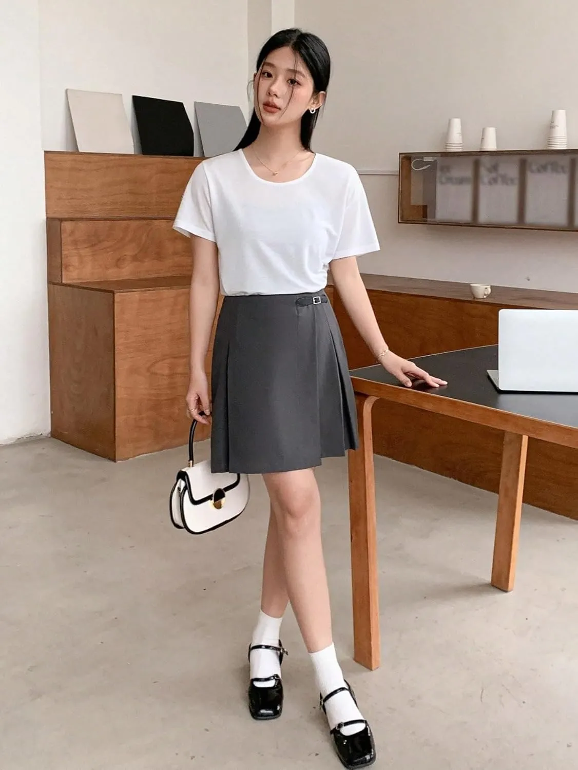 ELDINA Summer Short Mini Skirts For Women 2024 College Side Button Pleated Midi Skirt
