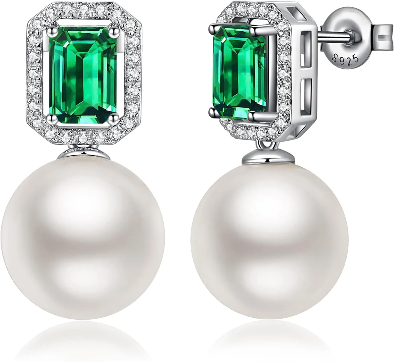 Elegant Pearl Diamond Stud Earrings for Women, 925 Sterling Silver & 18K White Gold Plated Cubic Zirconia Large Pearl Earring Jewelry 12MM