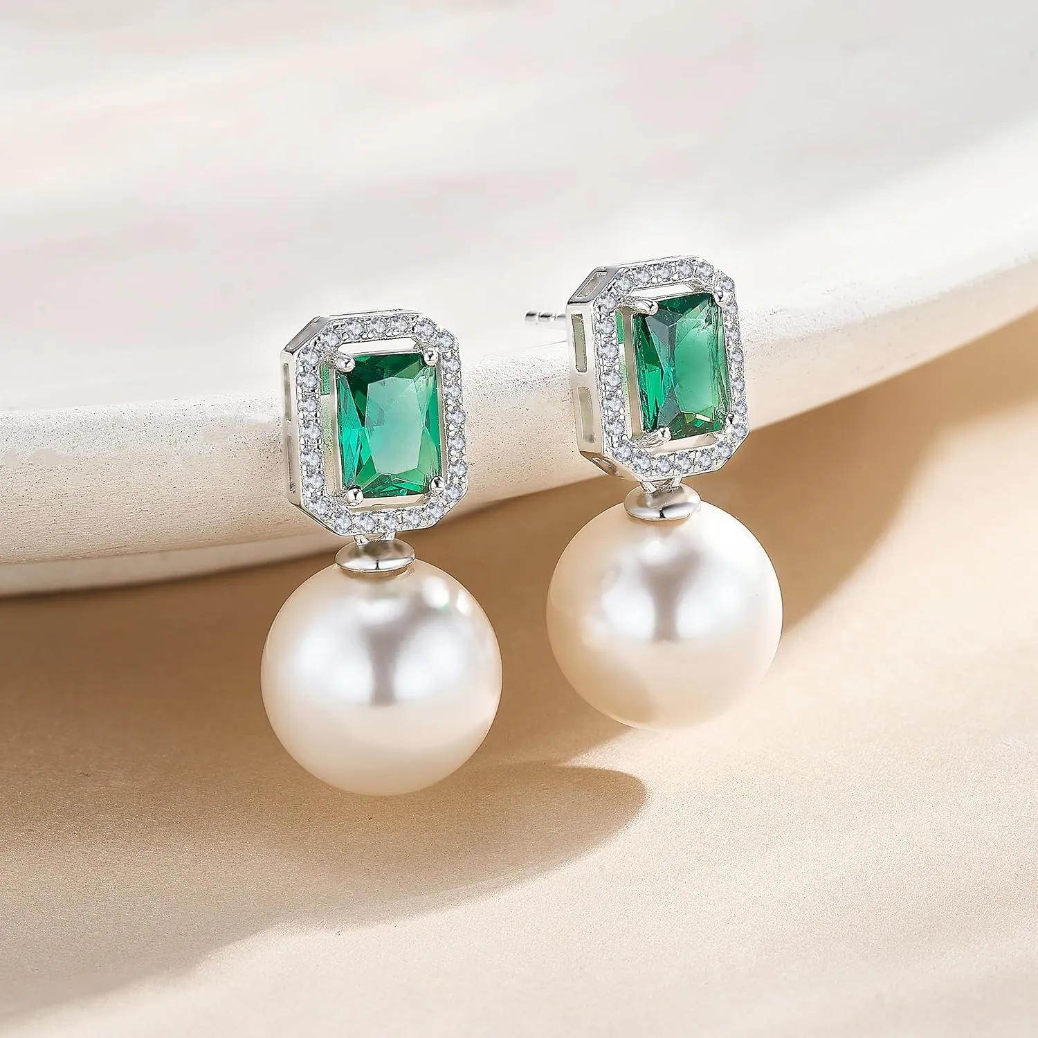 Elegant Pearl Diamond Stud Earrings for Women, 925 Sterling Silver & 18K White Gold Plated Cubic Zirconia Large Pearl Earring Jewelry 12MM