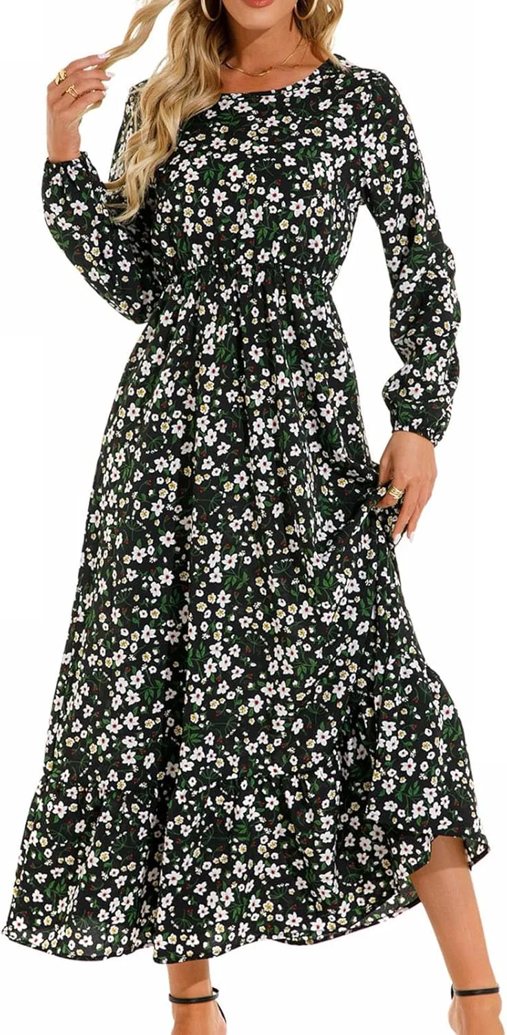 Fall Dresses for Women 2024 Trendy Floral Dress Casual Crewneck Long Sleeve High Waisted Ruffle Flowy Long Maxi Dress