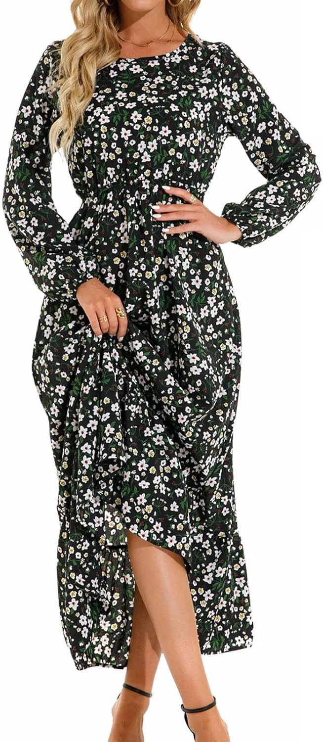 Fall Dresses for Women 2024 Trendy Floral Dress Casual Crewneck Long Sleeve High Waisted Ruffle Flowy Long Maxi Dress