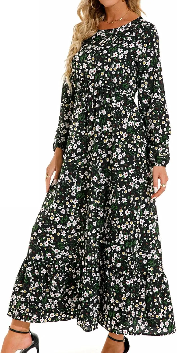 Fall Dresses for Women 2024 Trendy Floral Dress Casual Crewneck Long Sleeve High Waisted Ruffle Flowy Long Maxi Dress