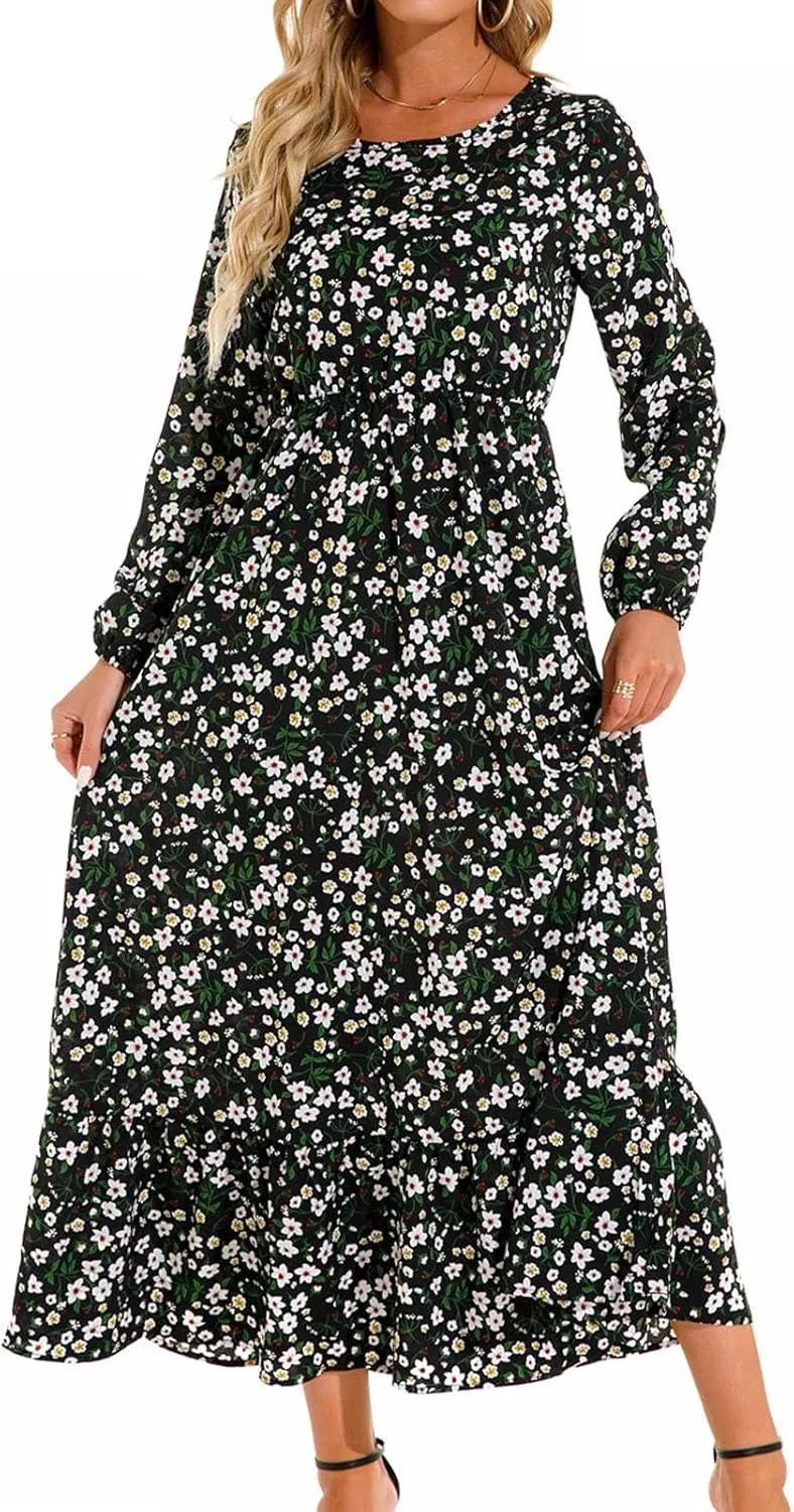 Fall Dresses for Women 2024 Trendy Floral Dress Casual Crewneck Long Sleeve High Waisted Ruffle Flowy Long Maxi Dress