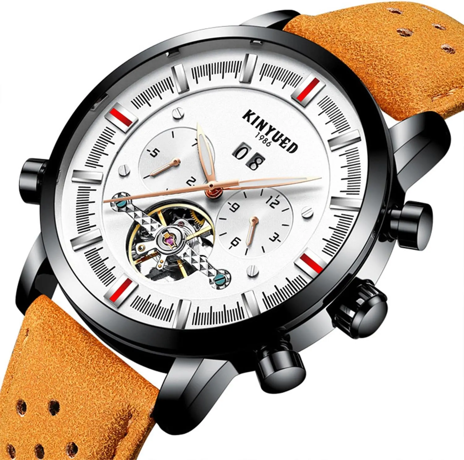 FANMIS Casual Fashion Luxury Business Automatic Mechanical Skeleton Calendar Leather Waterproof Men Watches