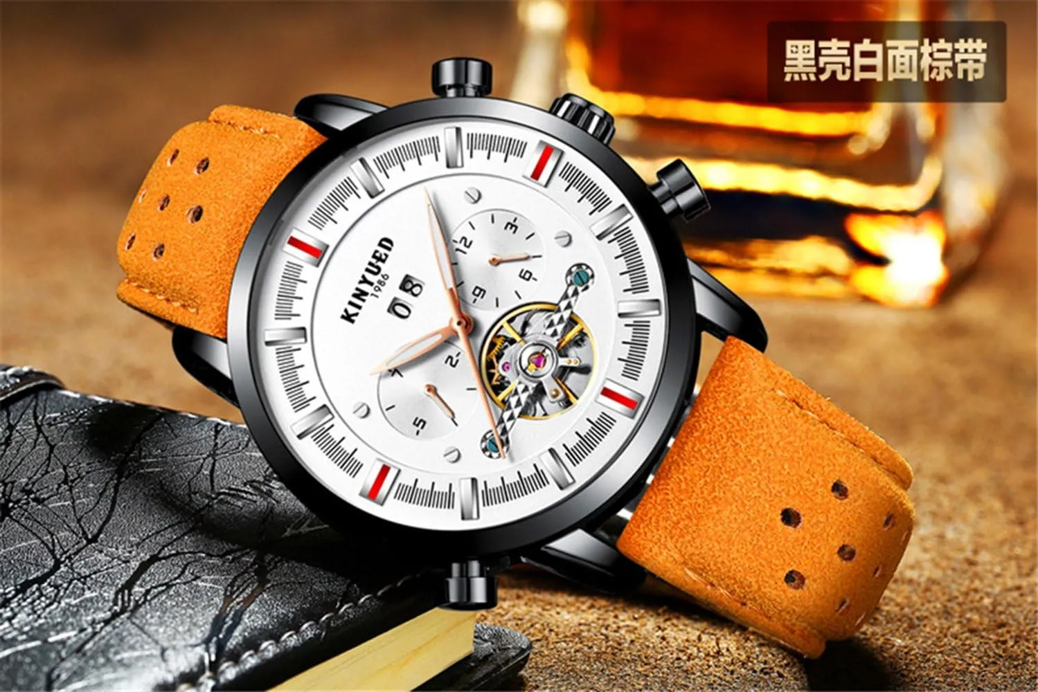 FANMIS Casual Fashion Luxury Business Automatic Mechanical Skeleton Calendar Leather Waterproof Men Watches