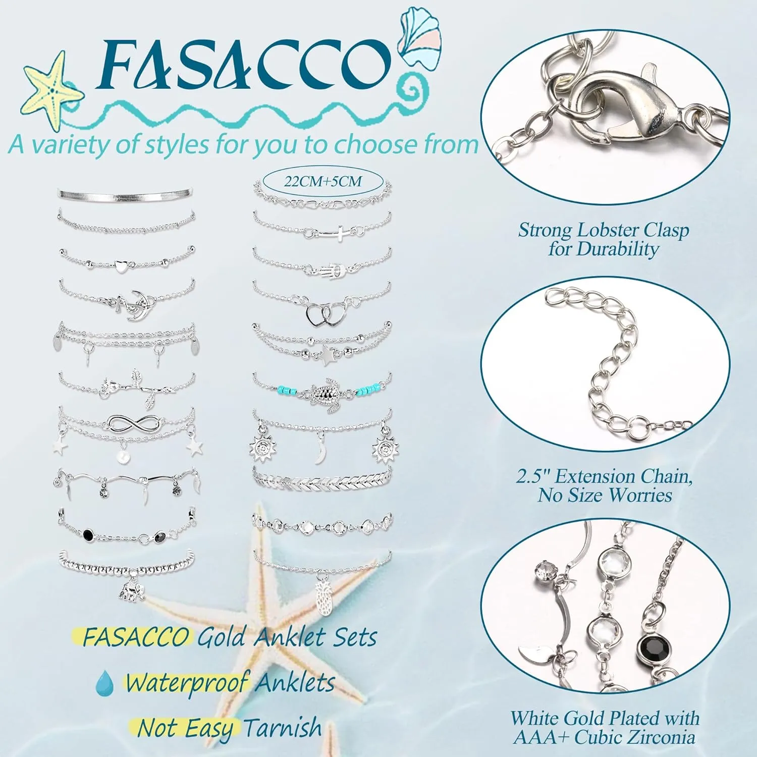 FASACCO 20Pcs Ankle Bracelets for Women Adjustable Beach Anklet Set Surfer Anklet Heart Star Turtle Infinite Anklets Foot Jewelry