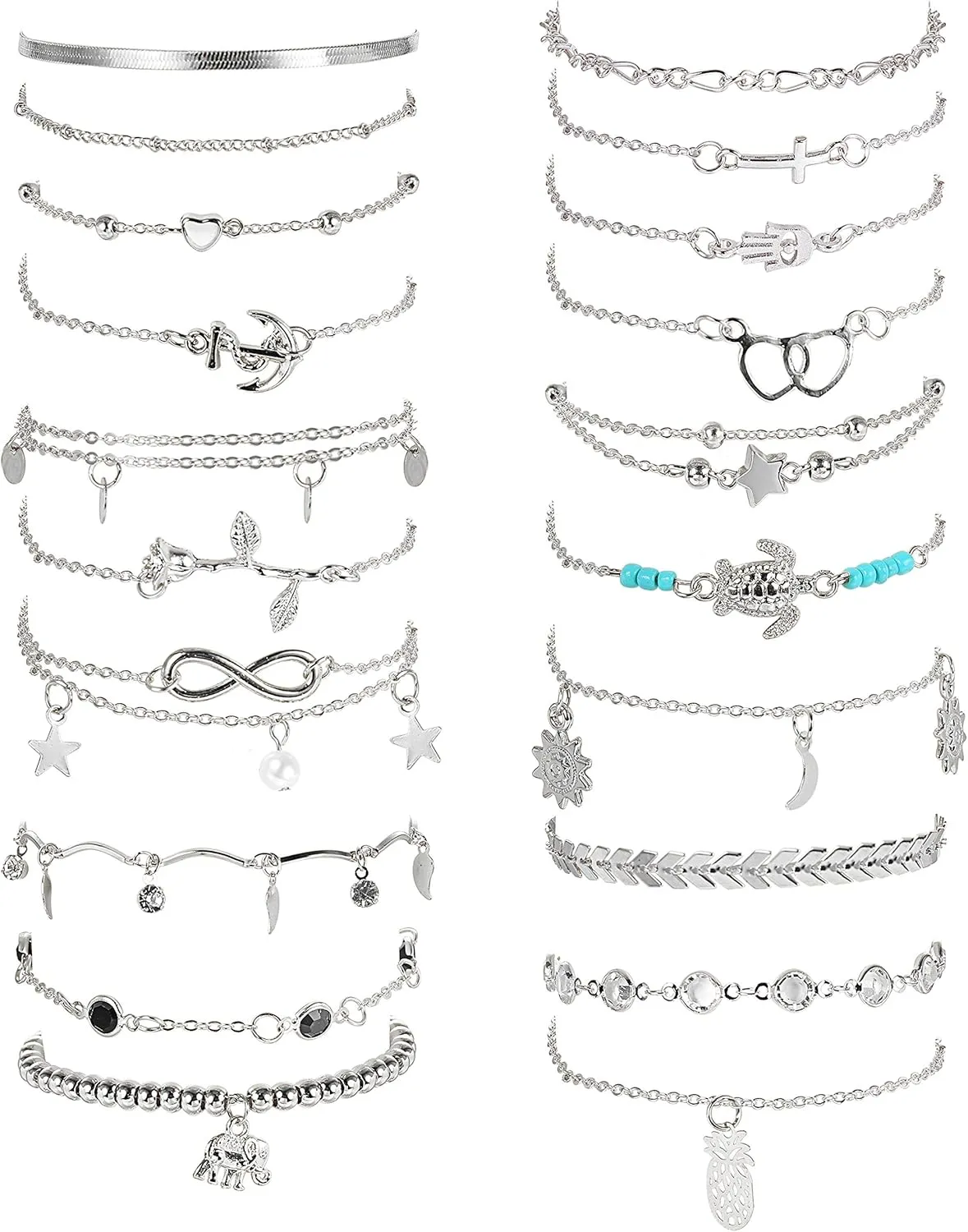 FASACCO 20Pcs Ankle Bracelets for Women Adjustable Beach Anklet Set Surfer Anklet Heart Star Turtle Infinite Anklets Foot Jewelry