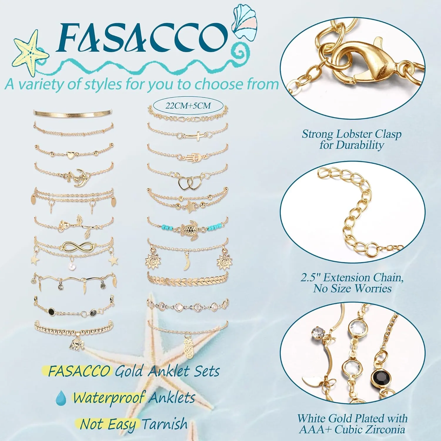 FASACCO 20Pcs Ankle Bracelets for Women Adjustable Beach Anklet Set Surfer Anklet Heart Star Turtle Infinite Anklets Foot Jewelry