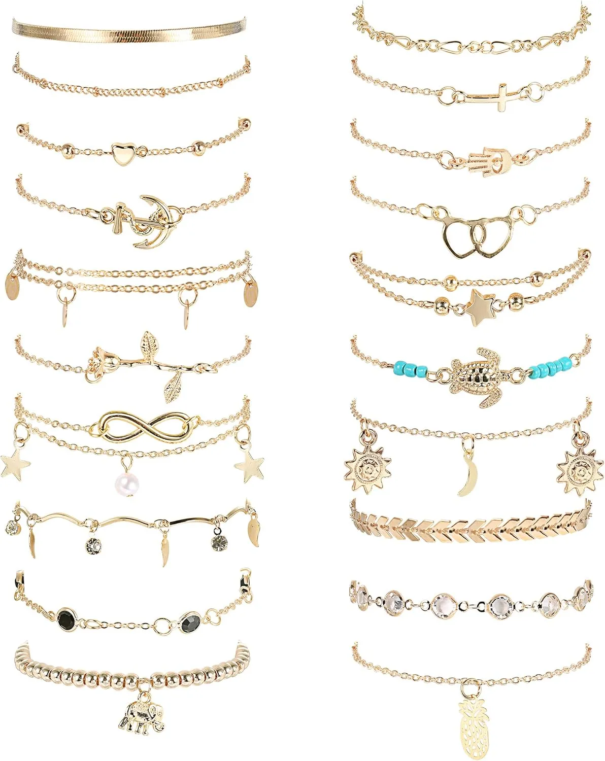 FASACCO 20Pcs Ankle Bracelets for Women Adjustable Beach Anklet Set Surfer Anklet Heart Star Turtle Infinite Anklets Foot Jewelry