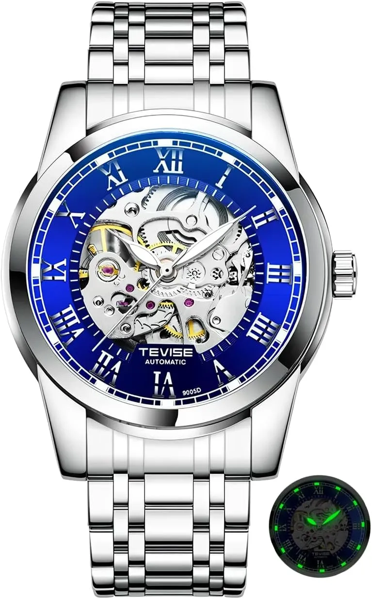 Fashion Mens Skeleton Watches Luxury Transparent Mechanical Business Male Wrist Watches Stainless Steel Waterproof Luminous Watch
