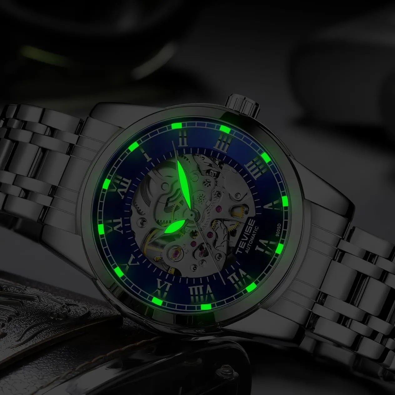 Fashion Mens Skeleton Watches Luxury Transparent Mechanical Business Male Wrist Watches Stainless Steel Waterproof Luminous Watch