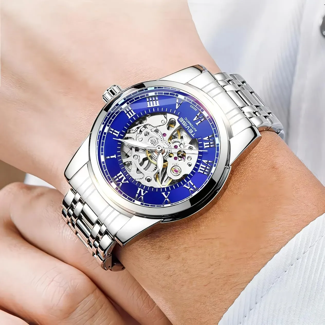 Fashion Mens Skeleton Watches Luxury Transparent Mechanical Business Male Wrist Watches Stainless Steel Waterproof Luminous Watch
