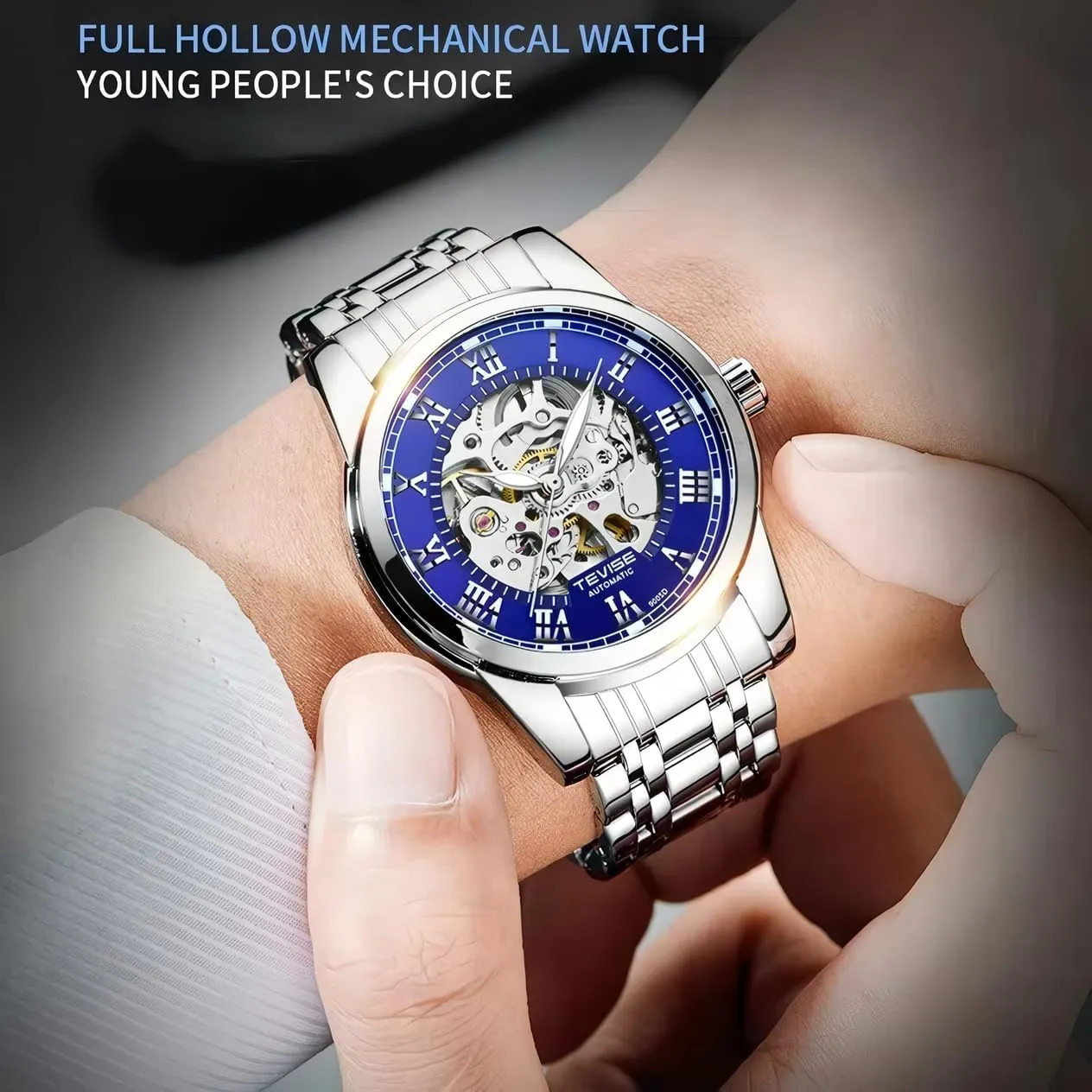 Fashion Mens Skeleton Watches Luxury Transparent Mechanical Business Male Wrist Watches Stainless Steel Waterproof Luminous Watch