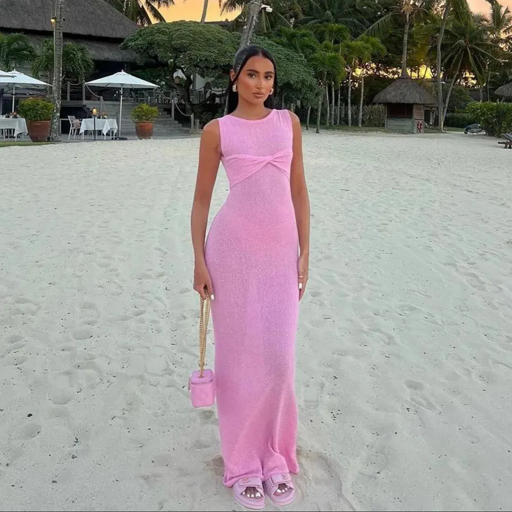 Fashion Sleeveless Knitted O Neck Long Women Holiday Slim Fit Knit Beach Elegant Summer Maxi Dress