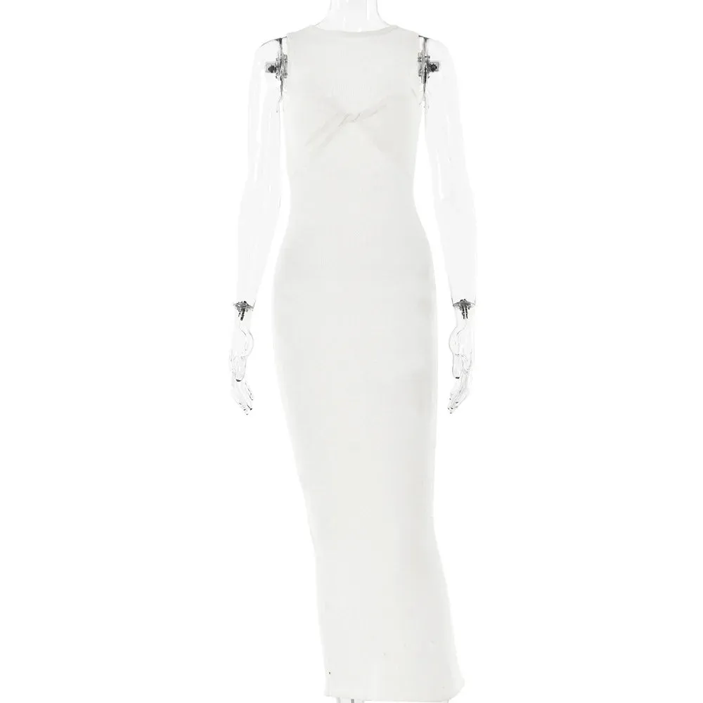 Fashion Sleeveless Knitted O Neck Long Women Holiday Slim Fit Knit Beach Elegant Summer Maxi Dress