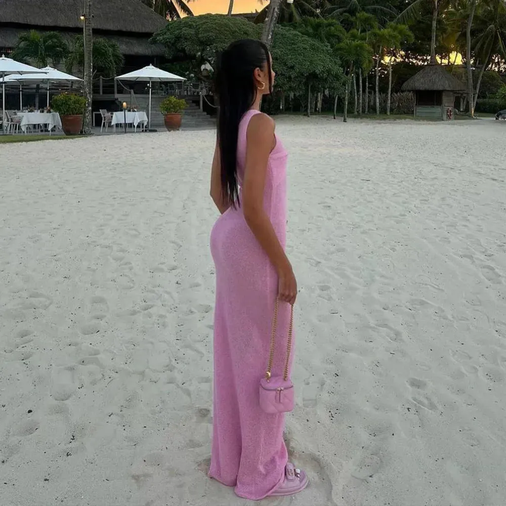 Fashion Sleeveless Knitted O Neck Long Women Holiday Slim Fit Knit Beach Elegant Summer Maxi Dress