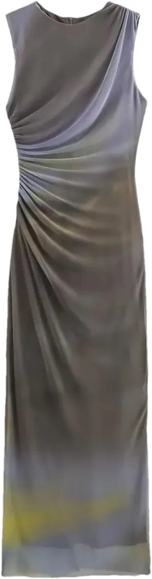 Fashion Women's Elegant Pleated Decorative Midi Dress Street Style Tie-Dye Long Skirt