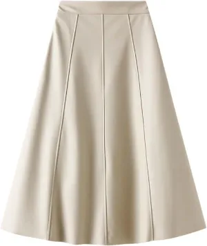 Faux Leather Skirts for Women Pleated High Waist A Line Summer Casual Trendy Business Elegant Midi Skirt with Pockets