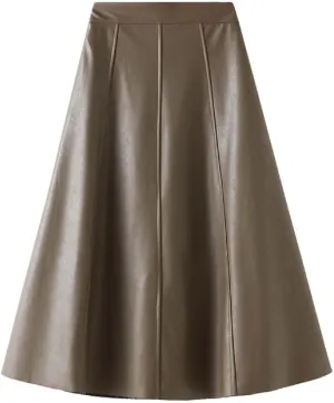 Faux Leather Skirts for Women Pleated High Waist A Line Summer Casual Trendy Business Elegant Midi Skirt with Pockets