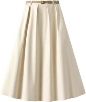 Faux Leather Skirts for Women Pleated High Waist A Line Summer Casual Trendy Business Elegant Midi Skirt with Pockets
