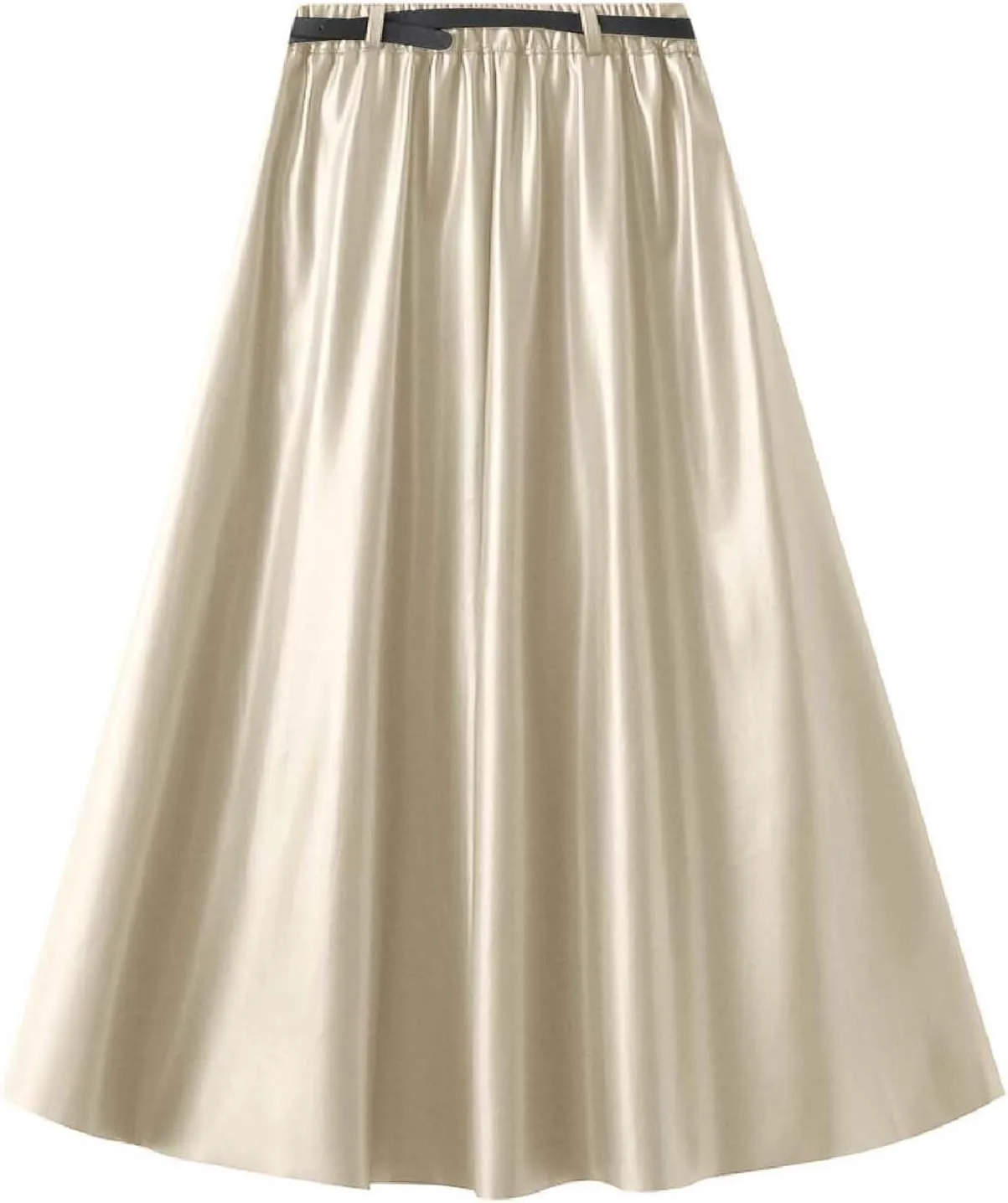 Faux Leather Skirts for Women Pleated High Waist A Line Summer Casual Trendy Business Elegant Midi Skirt with Pockets