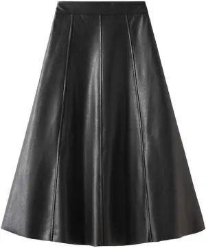 Faux Leather Skirts for Women Pleated High Waist A Line Summer Casual Trendy Business Elegant Midi Skirt with Pockets