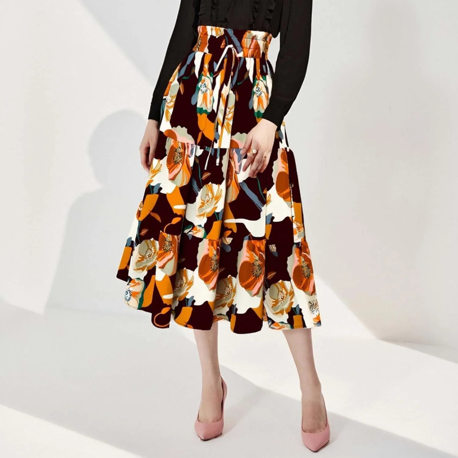 Floral Maxi Skirt for Women Casual Summer Drawsting High Waisted A Line Skirts Flowy Beach Vacation Boho Skirt