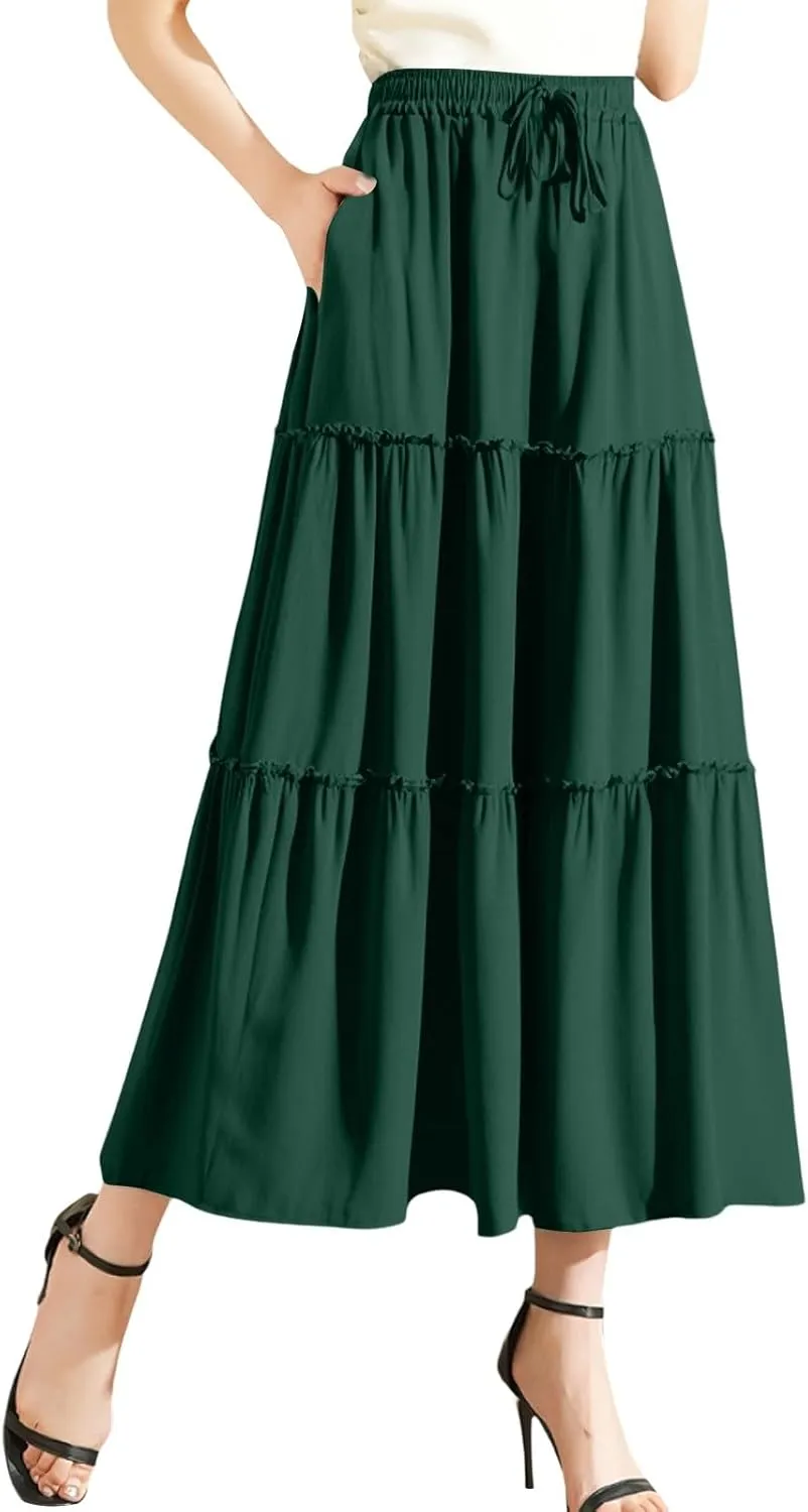 Floral Maxi Skirt for Women Casual Summer Drawsting High Waisted A Line Skirts Flowy Beach Vacation Boho Skirt