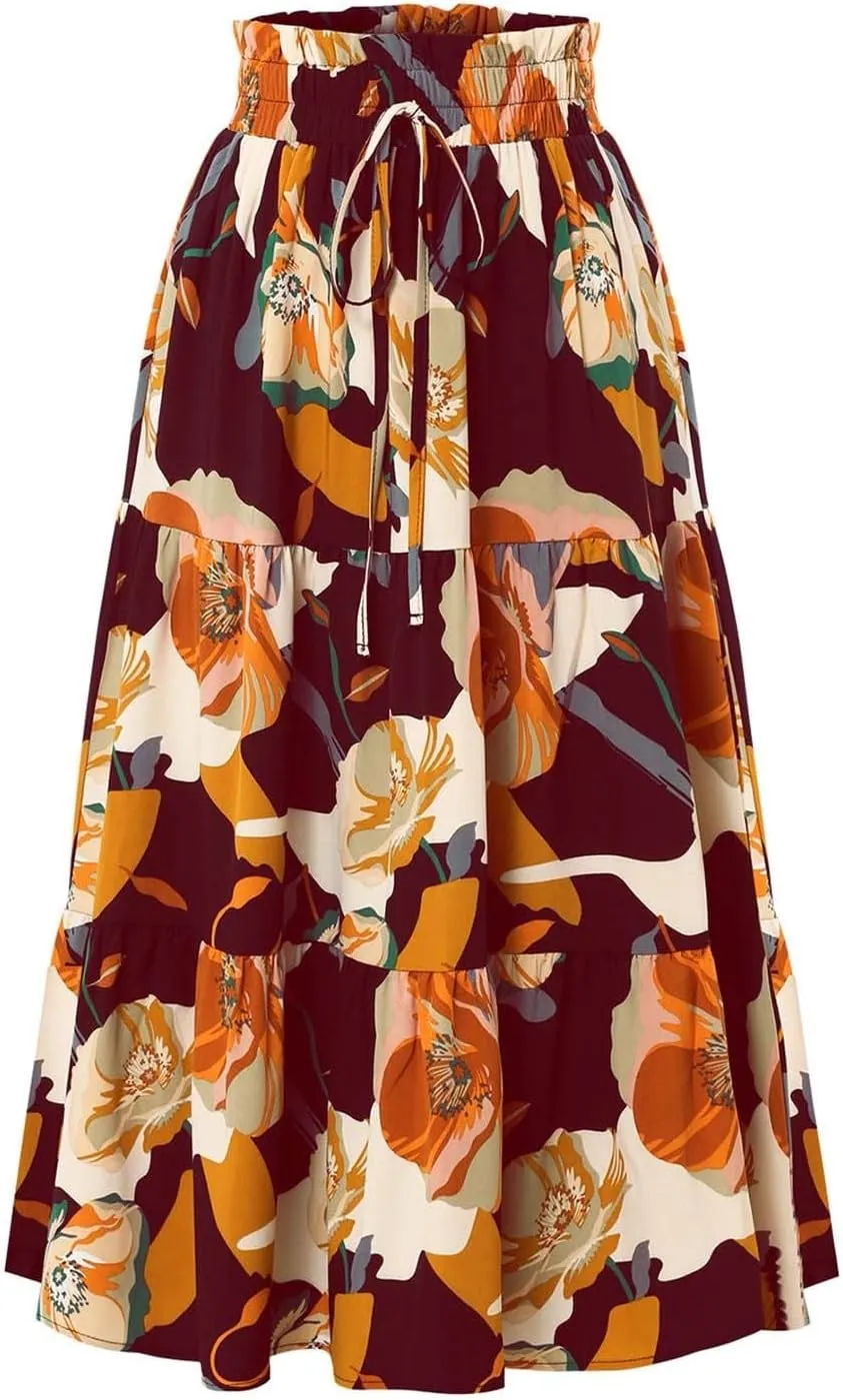Floral Maxi Skirt for Women Casual Summer Drawsting High Waisted A Line Skirts Flowy Beach Vacation Boho Skirt