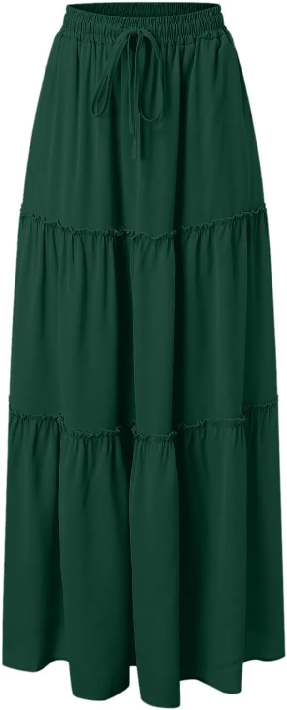Floral Maxi Skirt for Women Casual Summer Drawsting High Waisted A Line Skirts Flowy Beach Vacation Boho Skirt