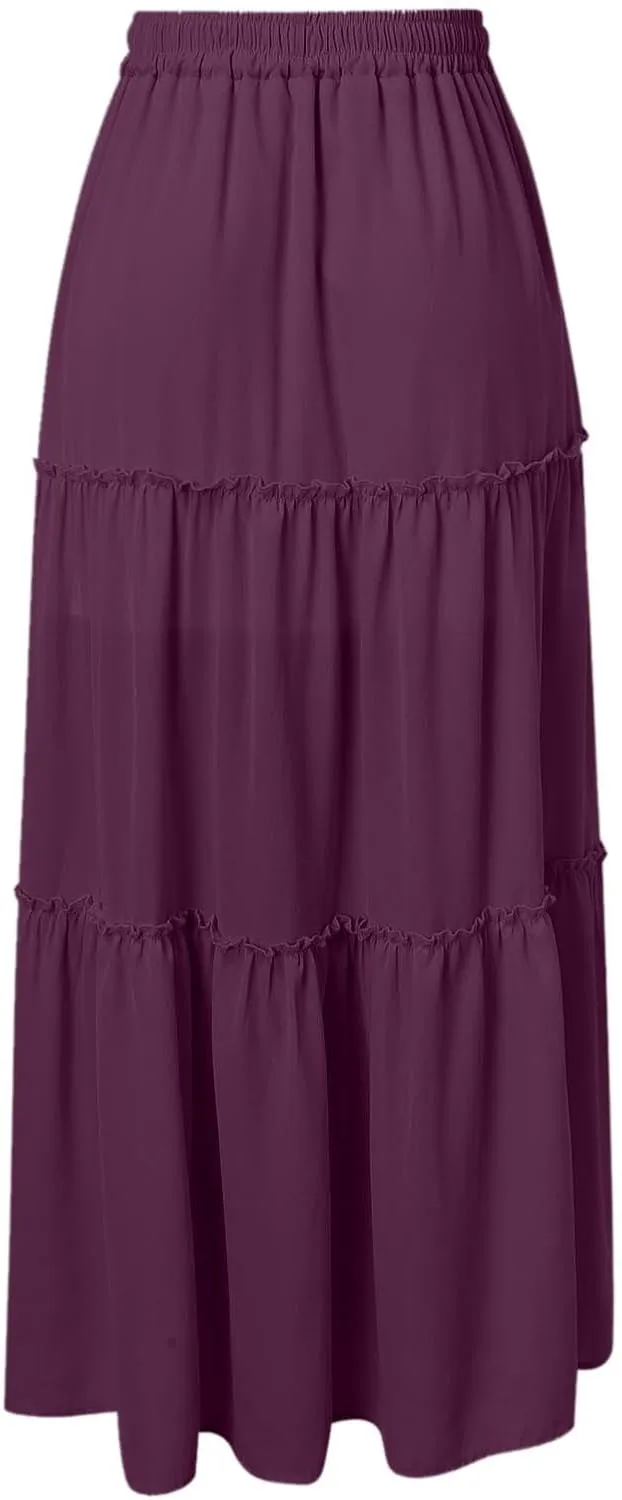 Floral Maxi Skirt for Women Casual Summer Drawsting High Waisted A Line Skirts Flowy Beach Vacation Boho Skirt