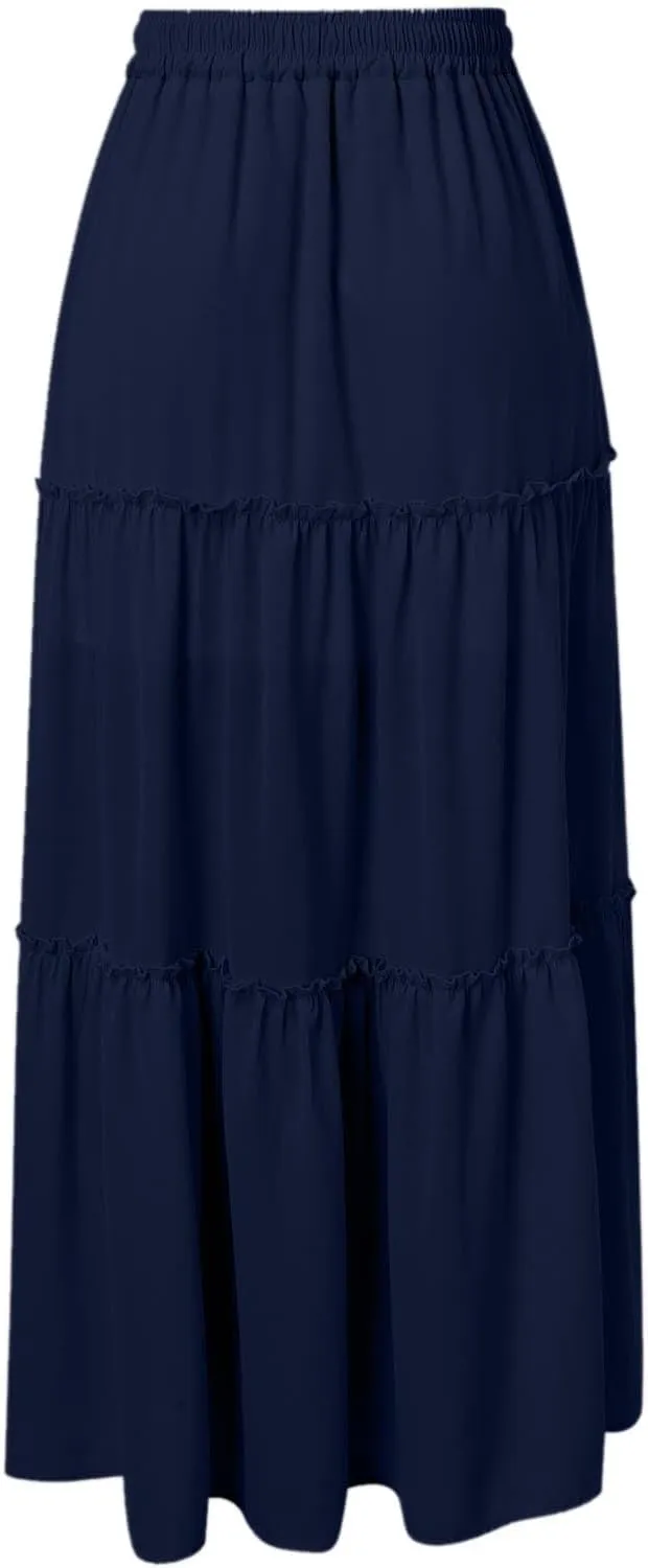 Floral Maxi Skirt for Women Casual Summer Drawsting High Waisted A Line Skirts Flowy Beach Vacation Boho Skirt