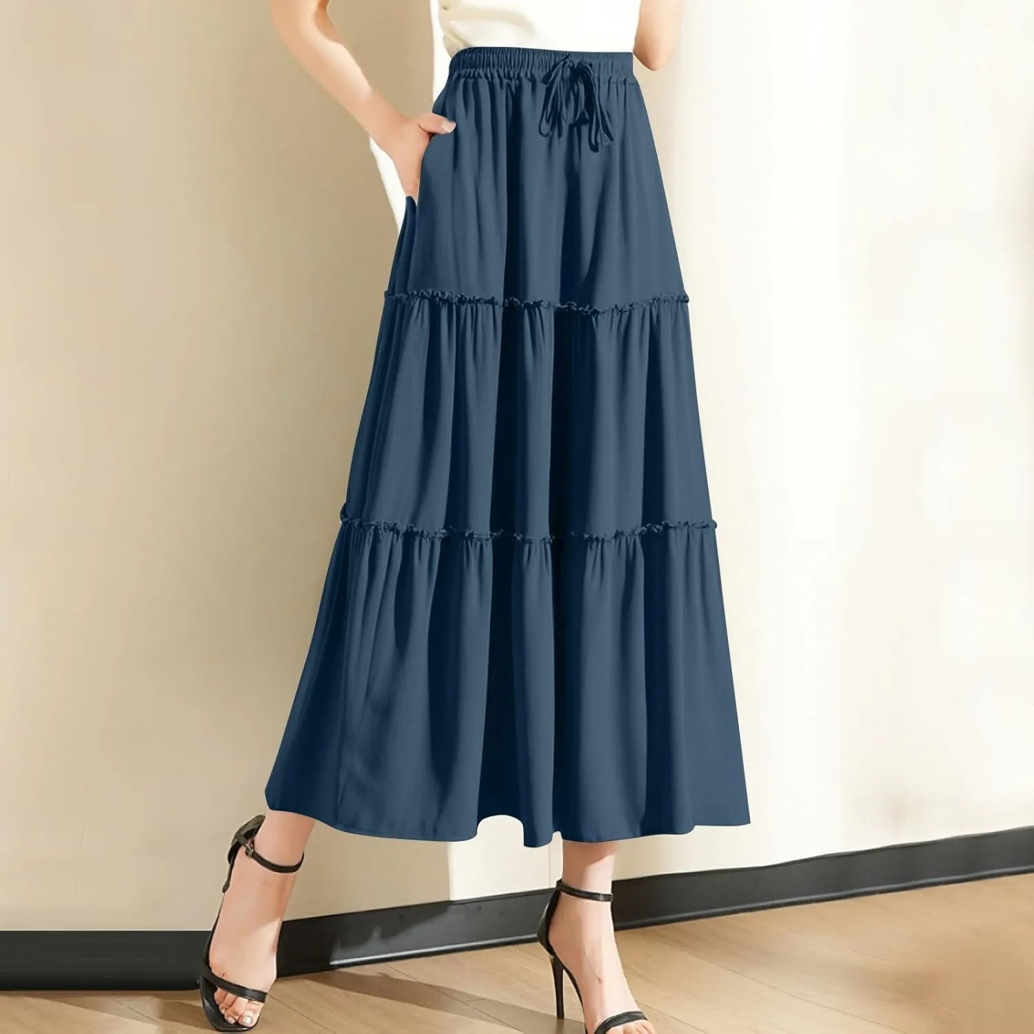 Floral Maxi Skirt for Women Casual Summer Drawsting High Waisted A Line Skirts Flowy Beach Vacation Boho Skirt