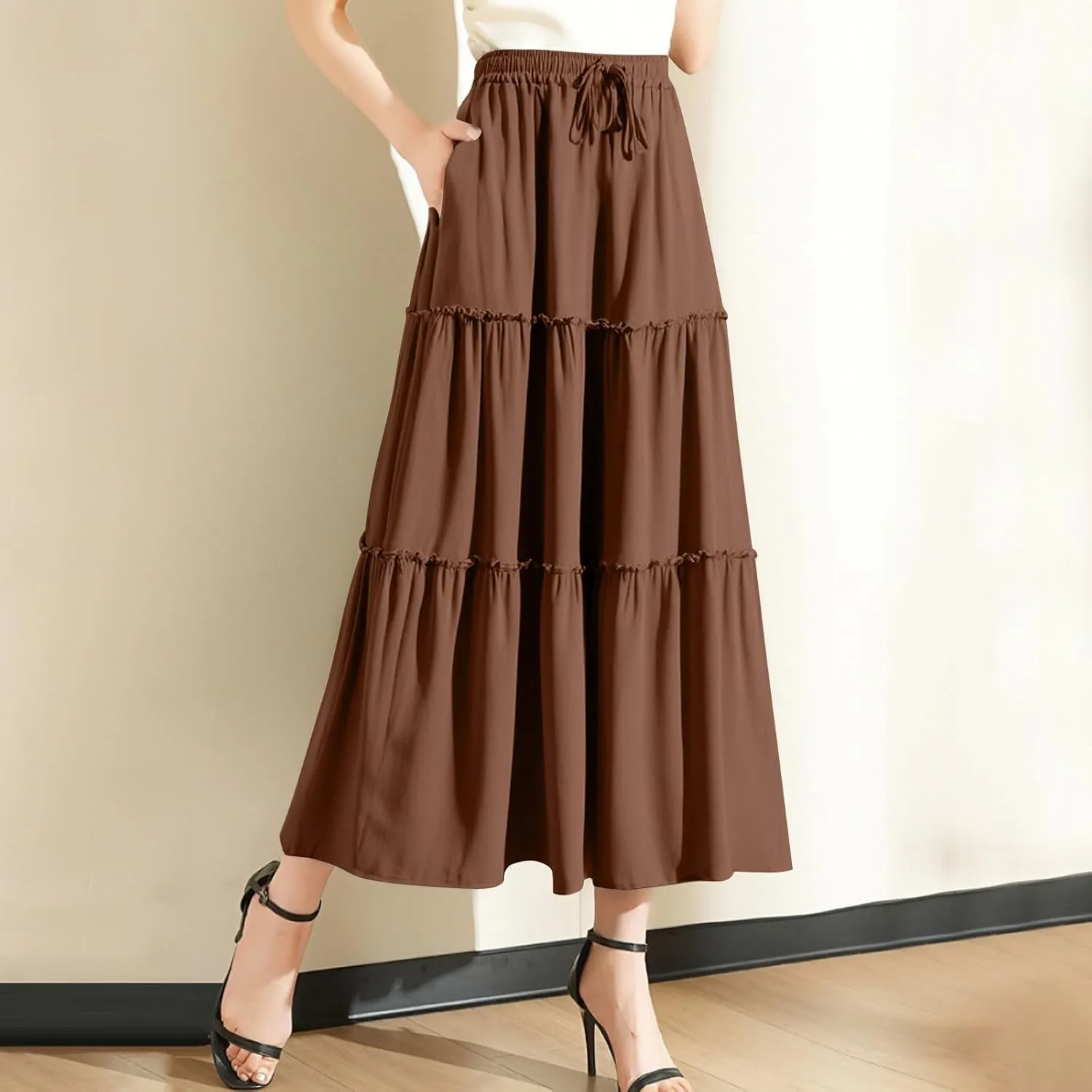 Floral Maxi Skirt for Women Casual Summer Drawsting High Waisted A Line Skirts Flowy Beach Vacation Boho Skirt