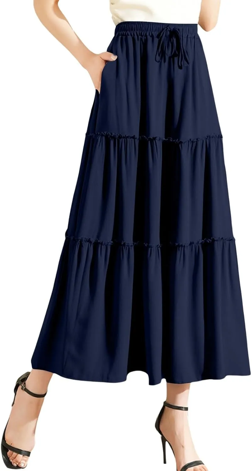 Floral Maxi Skirt for Women Casual Summer Drawsting High Waisted A Line Skirts Flowy Beach Vacation Boho Skirt