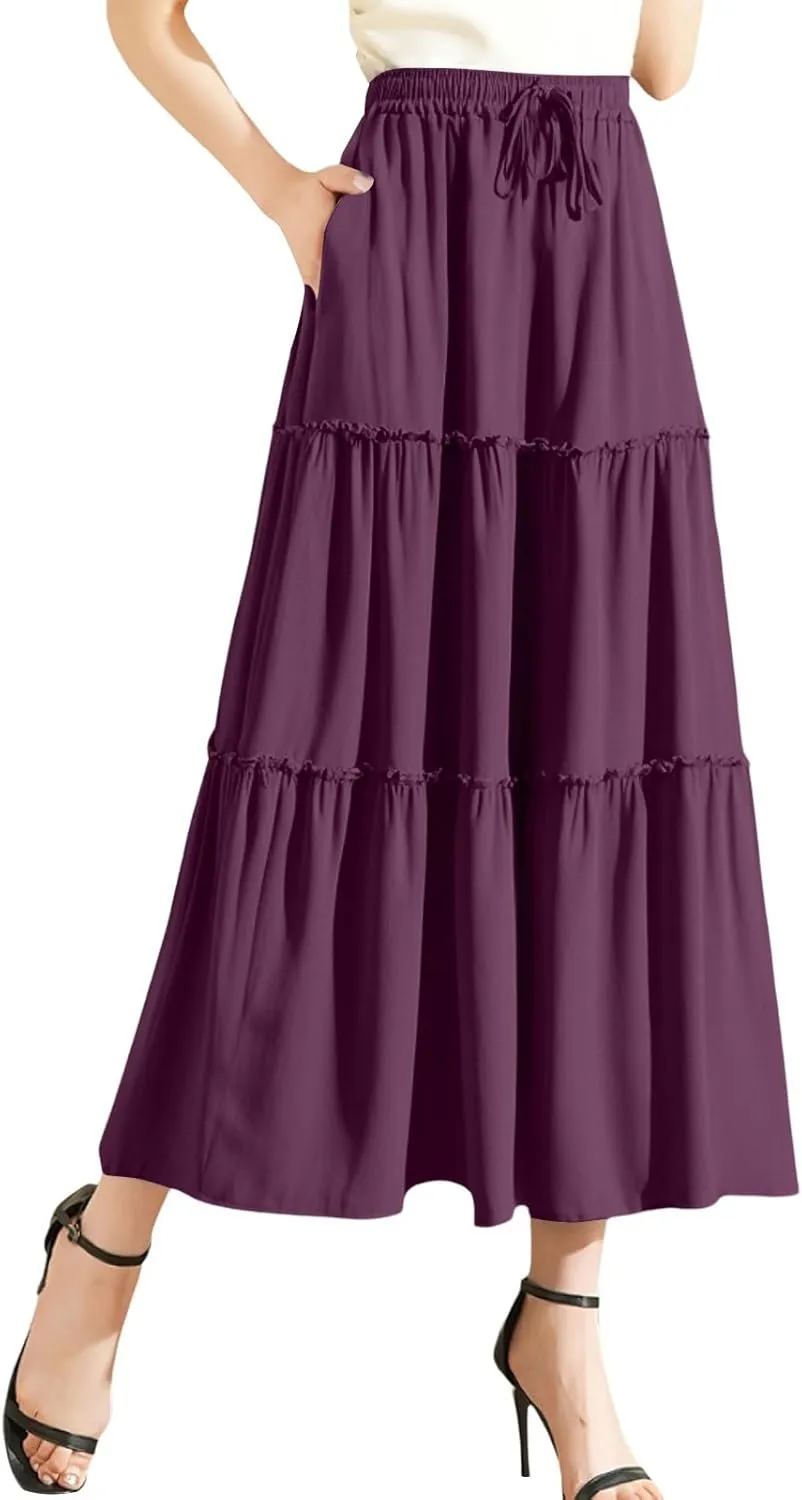 Floral Maxi Skirt for Women Casual Summer Drawsting High Waisted A Line Skirts Flowy Beach Vacation Boho Skirt