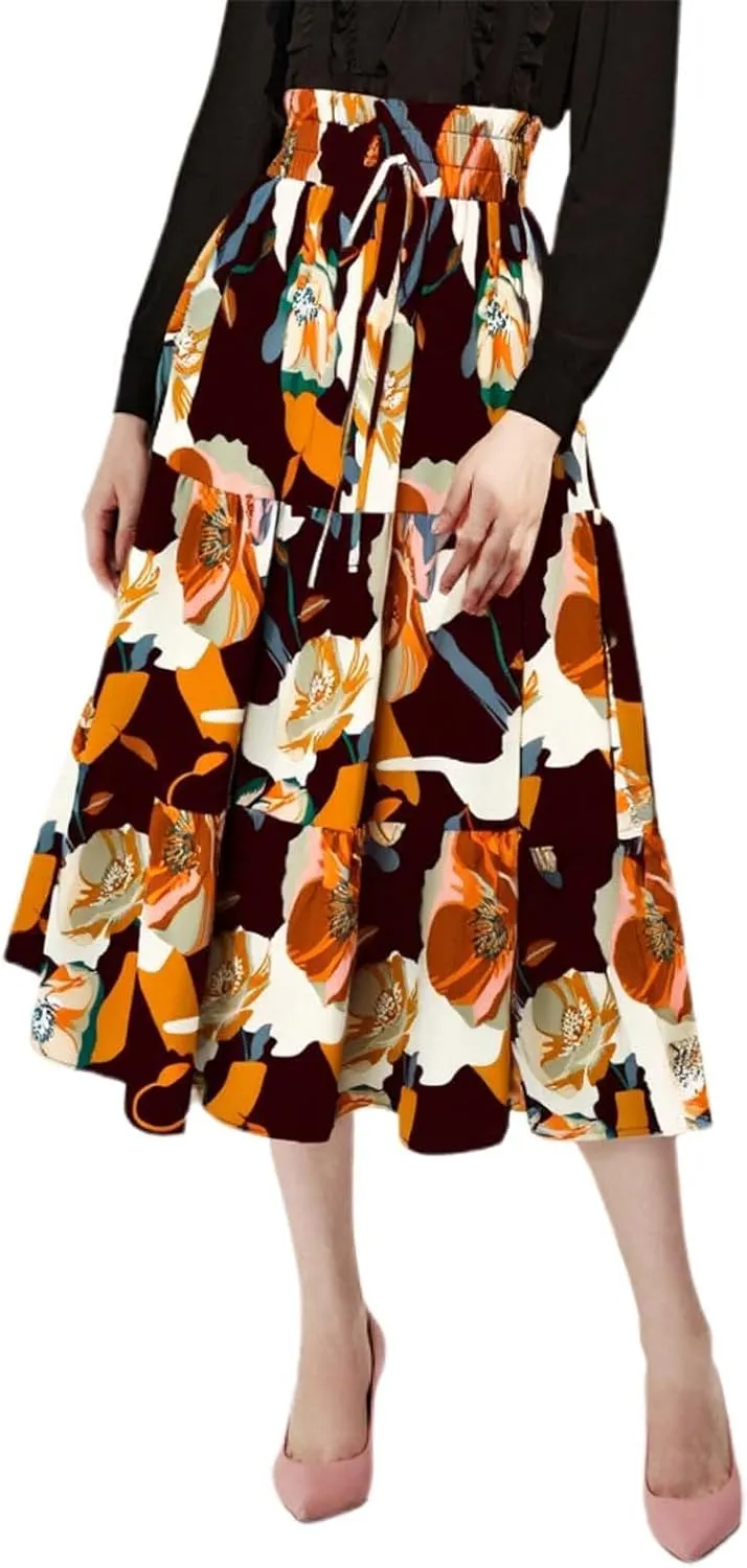 Floral Maxi Skirt for Women Casual Summer Drawsting High Waisted A Line Skirts Flowy Beach Vacation Boho Skirt