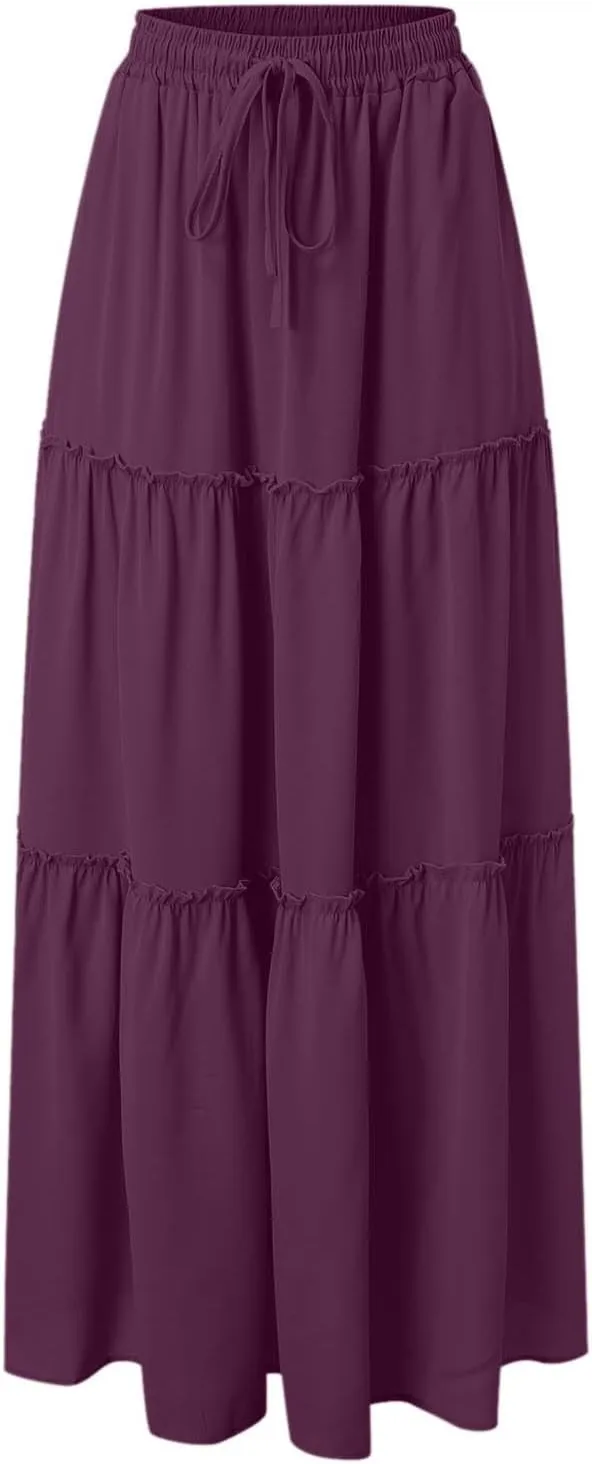 Floral Maxi Skirt for Women Casual Summer Drawsting High Waisted A Line Skirts Flowy Beach Vacation Boho Skirt