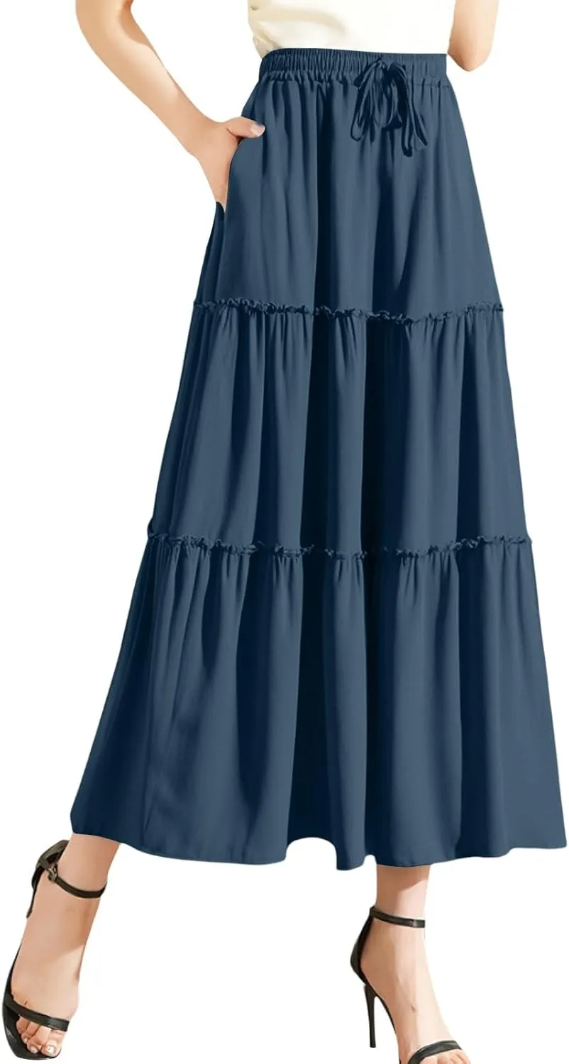 Floral Maxi Skirt for Women Casual Summer Drawsting High Waisted A Line Skirts Flowy Beach Vacation Boho Skirt