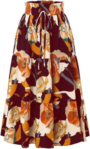 Floral Maxi Skirt for Women Casual Summer Drawsting High Waisted A Line Skirts Flowy Beach Vacation Boho Skirt