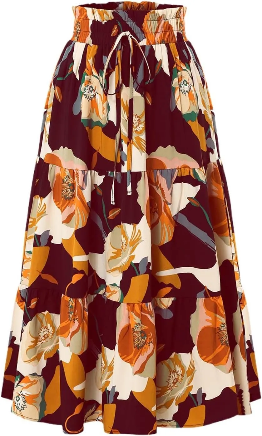 Floral Maxi Skirt for Women Casual Summer Drawsting High Waisted A Line Skirts Flowy Beach Vacation Boho Skirt