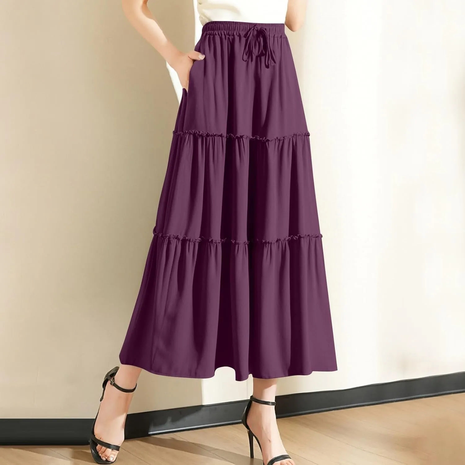 Floral Maxi Skirt for Women Casual Summer Drawsting High Waisted A Line Skirts Flowy Beach Vacation Boho Skirt