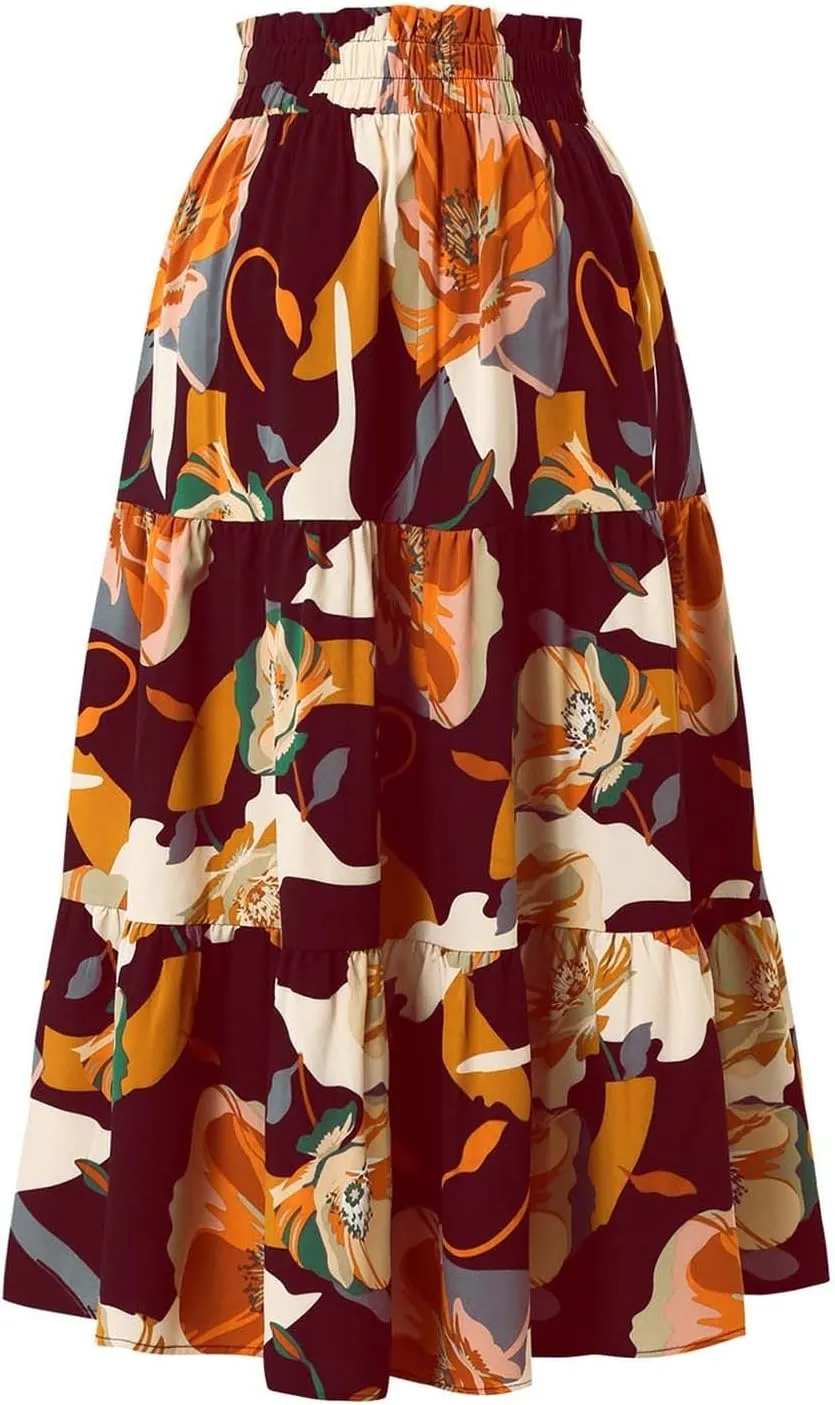 Floral Maxi Skirt for Women Casual Summer Drawsting High Waisted A Line Skirts Flowy Beach Vacation Boho Skirt