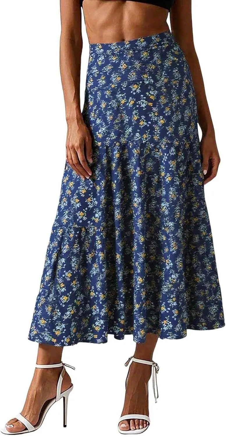 Floral Maxi Skirt for Women Summer Comfy Tiered Elastic High Waisted Skirts Vacation A-Line Flowy Swing Skirts