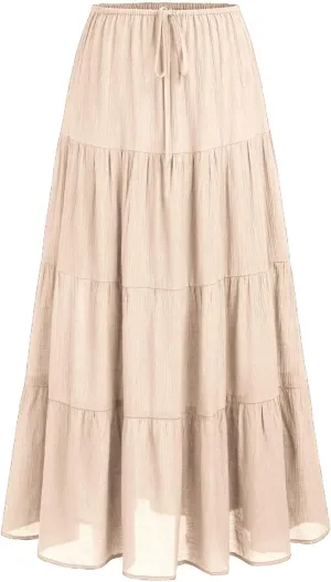 Floral Maxi Skirt for Women Summer Comfy Tiered Elastic High Waisted Skirts Vacation A-Line Flowy Swing Skirts