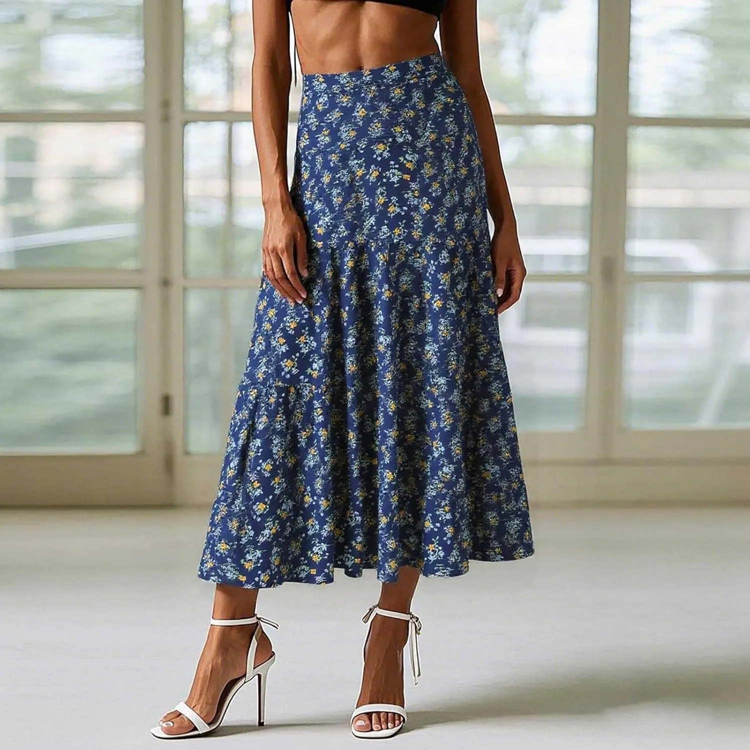 Floral Maxi Skirt for Women Summer Comfy Tiered Elastic High Waisted Skirts Vacation A-Line Flowy Swing Skirts