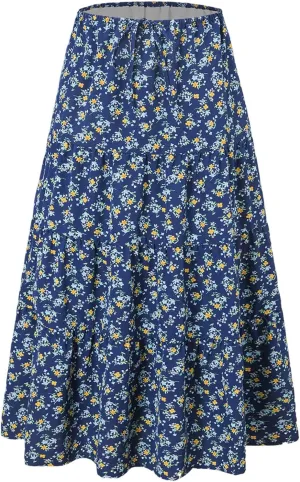 Floral Maxi Skirt for Women Summer Comfy Tiered Elastic High Waisted Skirts Vacation A-Line Flowy Swing Skirts